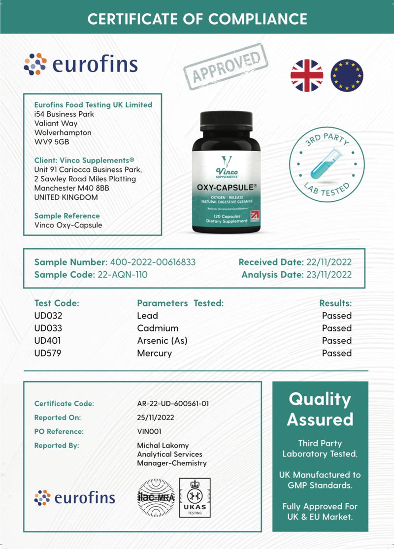 Vinco Supplements Oxy-Capsule Magnesium Compound - Vegan Oxygen Powder Natural Colon Cleanser - Gas Relief, Bloating Relief, Constipation Relief - Intestinal Cleanser for Adults - 120 Count - BeesActive Australia