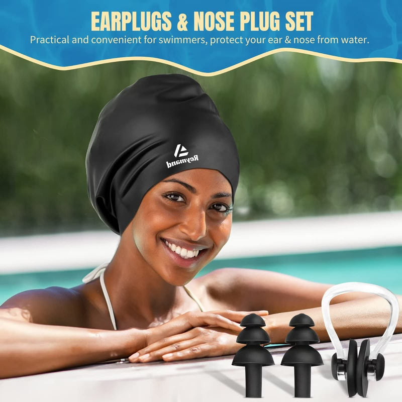 2 Pack Extra Large Swim Cap for Braids and Dreadlocks, Silicone Swimming Caps for Long Hair, Weaves, Extensions, Curls & Afros, Waterproof Adult Swim Hats Bathing Caps for Women Men Black+Rose Red - BeesActive Australia