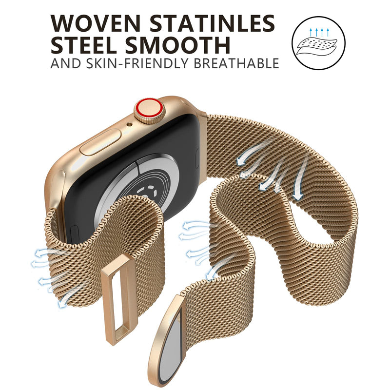 OULUOQI Compatible with Apple Watch Band Series SE 7 6 5 4 3 2 1 45mm 41mm 44mm 40mm 42mm 38mm Women and Men, Stainless Steel Mesh Loop Magnetic Clasp Replacement for iWatch Band ( Gold ） 38mm/40mm/41mm - BeesActive Australia