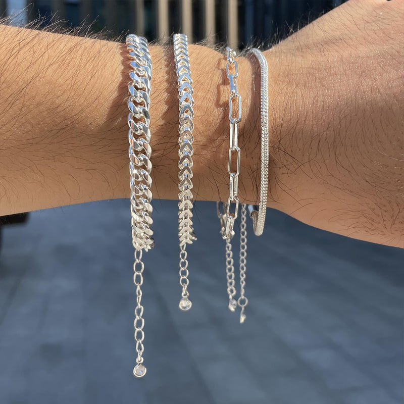 Poaiiu Silver/Gold Layered Chain Bracelets Sets for Men Women Sterling Silver Rope Figaro Cuban Link Chain Bracelets Set Men Jewelry Gifts for Dad Boyfriend Husband Snake Chain - BeesActive Australia