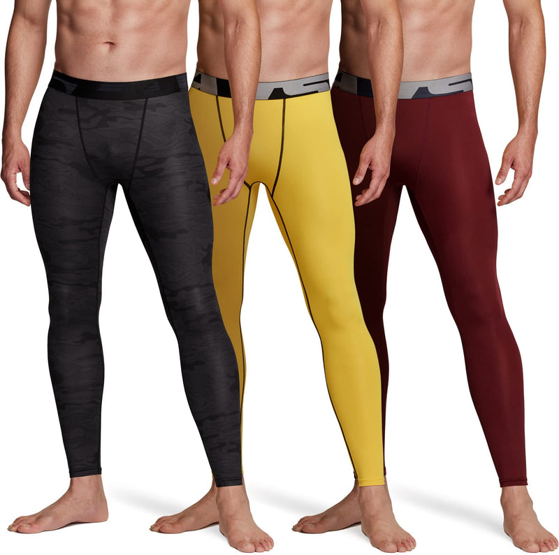 TSLA 1, 2 or 3 Pack Men's Compression Pants, Cool Dry Athletic Workout Running Tights Leggings with Pocket/Non-Pocket 3pack Cool Dry Pants Camo Black/ Yellow/ Brick Small - BeesActive Australia