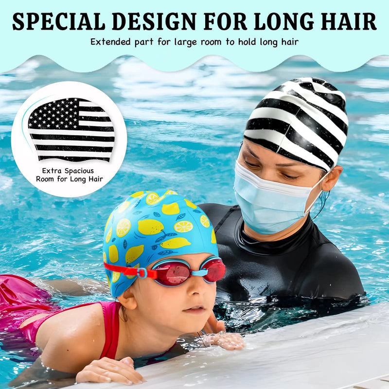 Swim Cap for Long/Short Hair, Adult/Kids Fashion Cute Design Printed Swimming Caps, Waterproof Silicone Bathing Shower Cap for Men Women Boys Girls, High Elastic Swim Hat with Ear Plugs Nose Clip Pattern-A3 Adult/Teen - BeesActive Australia