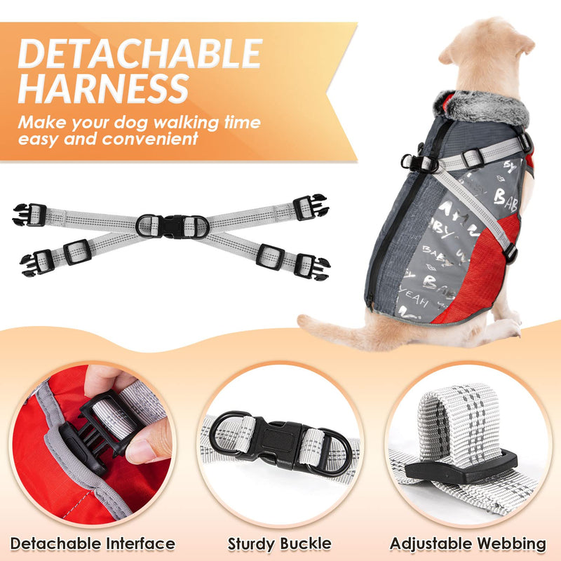 SlowTon Winter Dog Coat with Detachable Harness, Waterproof Fleece Lining Warm Dog Clothes for Small Medium Dogs, Reflective Adjustable Furry Jacket Outdoor Walking Puppy Vest Apparel (Red M) Medium (Chest 17.2"-20.2") Red&Grey - BeesActive Australia