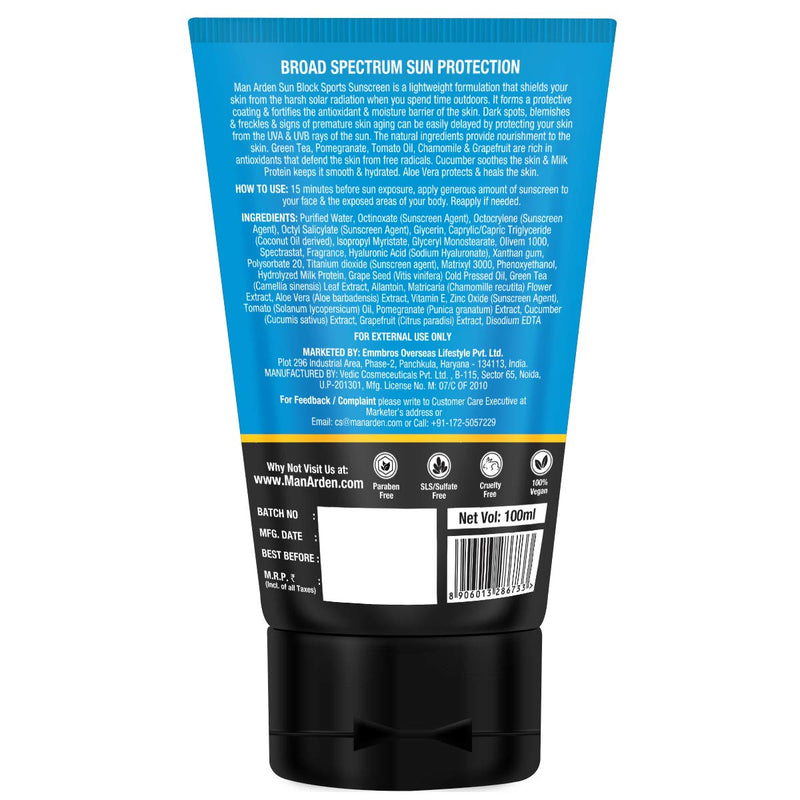 Man Arden Sunblock Sport Sunscreen SPF 50, Non Greasy & Water Resistant, 100ml - UVA & UVB Protection - BeesActive Australia