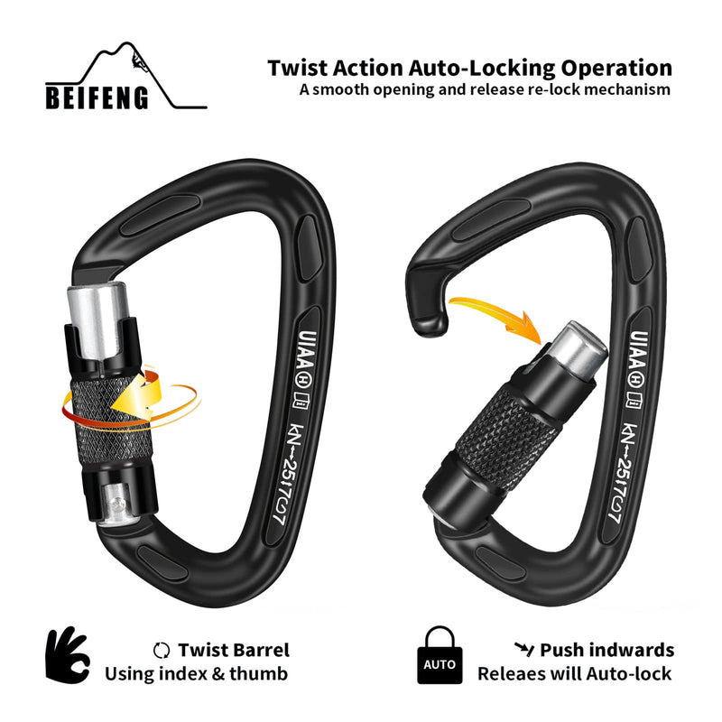 Certified 25KN Auto Locking Climbing Carabiner Clips Obtained UIAA certificationTwist Lock and Heavy Duty Carabiners for Rock Climbing Gear,Camping,Climbing Equipment 4PCS-25KN - BeesActive Australia