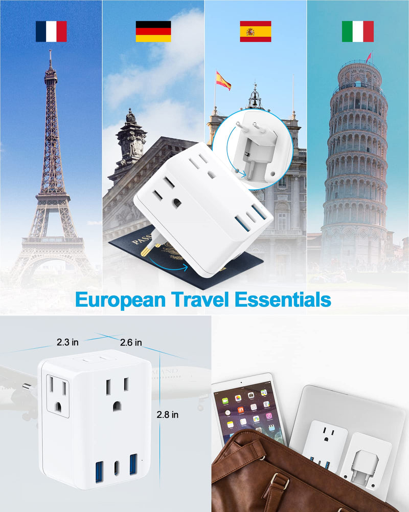 European Travel Plug Adapter,Foldable 4AC International Power Plug Adapter with USB C, Type C Outlet Adaptor Charger for US to Most Europe EU Iceland France Germany Spain Italy Travel FD3AC-1PC - BeesActive Australia