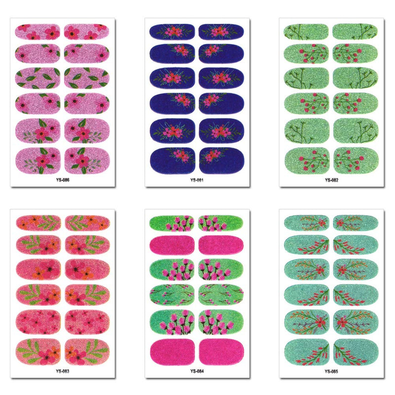 WOKOTO 6 Sheets Full Wraps Nail Polish Stickers With 1Pcs Nail File Self-Adhesive Nails Decals Strips Flower Manicure Kit For Women - BeesActive Australia