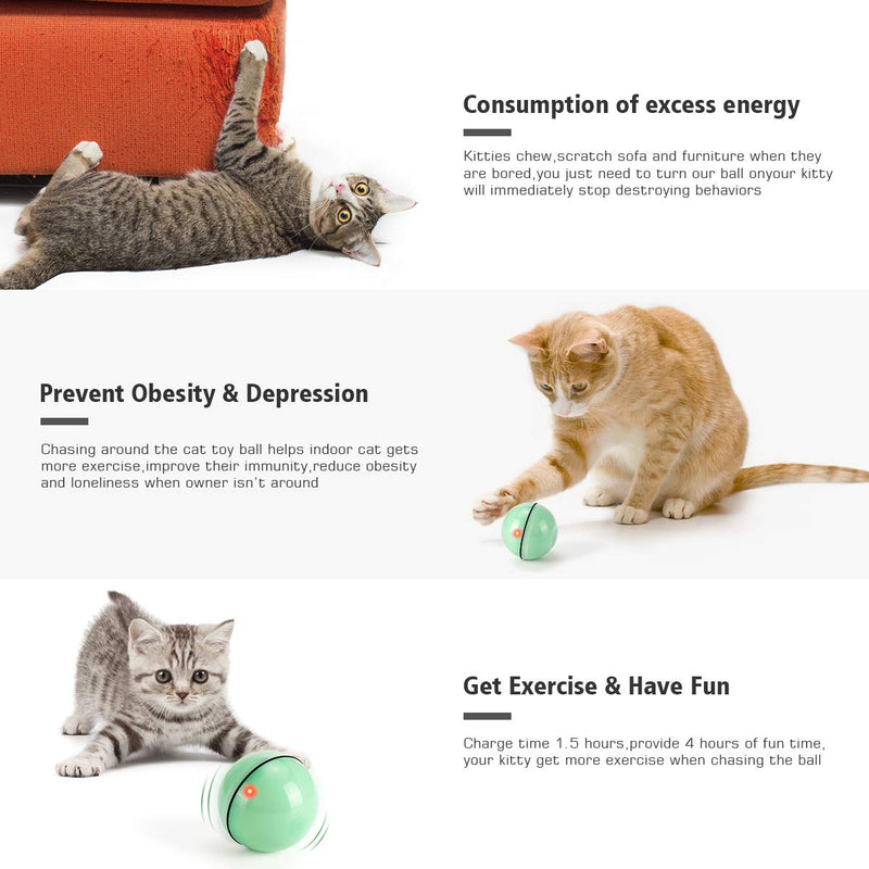 Interactive Cat Toys Ball with LED Light, 360 Degree Self Auto Rotating Intelligent Ball, Smart USB Rechargeable Spinning Cat Ball Toy,Stimulate Hunting Instinct Kitten Funny Chaser Roller Pet Toy Green - BeesActive Australia