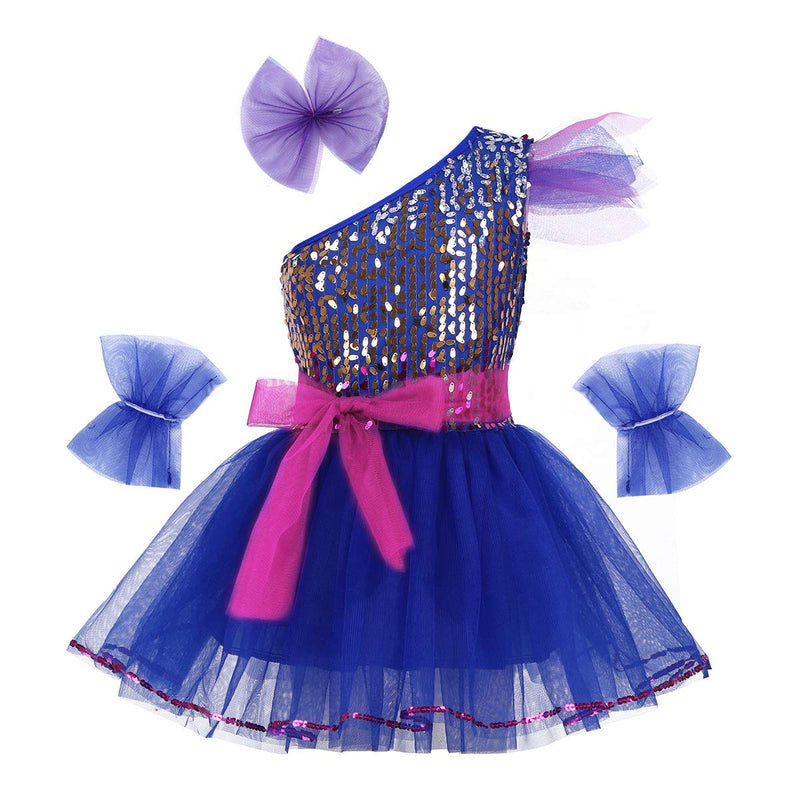 [AUSTRALIA] - JEATHA Kids Girls Shiny Sequins One Shoulder Ballet Modern Dance Jazz Dress Tulle Belt with Hairclip Wristband Set Blue 7-8 