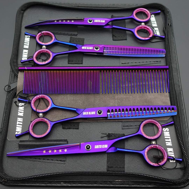 7.0 inches Professional Dog Grooming Scissors Set Straight & thinning & Curved & chunkers & comb 5pcs in 1 Set for left-handed & right handed Right-handed Purple - BeesActive Australia