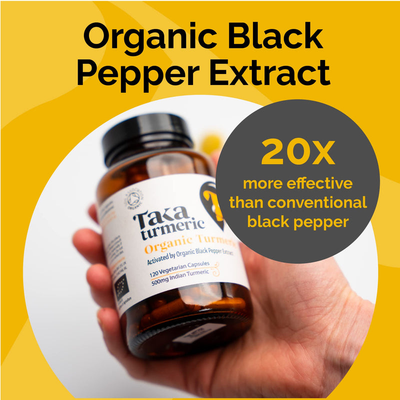 Taka Turmeric, 120 Caps Organic Turmeric with Black Pepper Extract Tumeric Curcumin Supplement, High Strength Tumeric Capsules with Curcumin and Black Pepper, Vegan, Recyclable Packaging 1 Bottle (120 Capsules) - BeesActive Australia