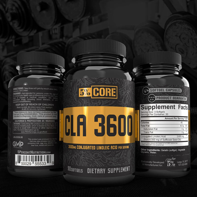 5% Nutrition Core CLA Supplement for Weight Loss, Metabolism Support & Muscle Preservation | 3,600 mg of Conjugated Linoleic Acid from 4,500 mg of Safflower Oil (30 Servings / 90 Softgels) - BeesActive Australia