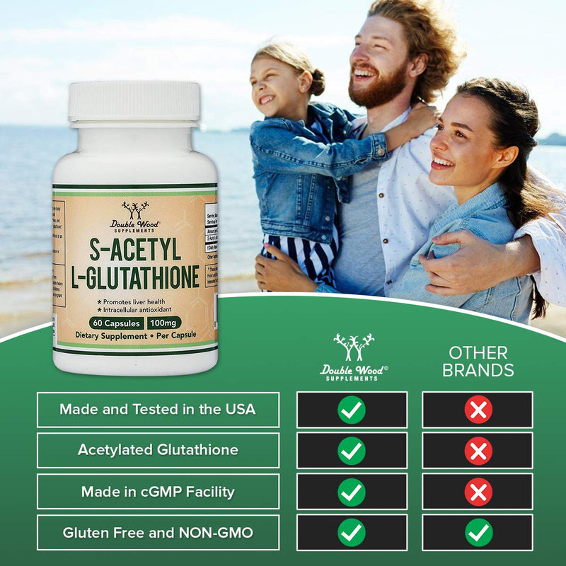 S-Acetyl L-Glutathione Capsules - 100mg, Manufactured and Tested in The USA, 60 Count (Acetylated Glutathione Antioxidant - More Absorbable Than Glutathione and Liposomal Glutathione) by Double Wood - BeesActive Australia