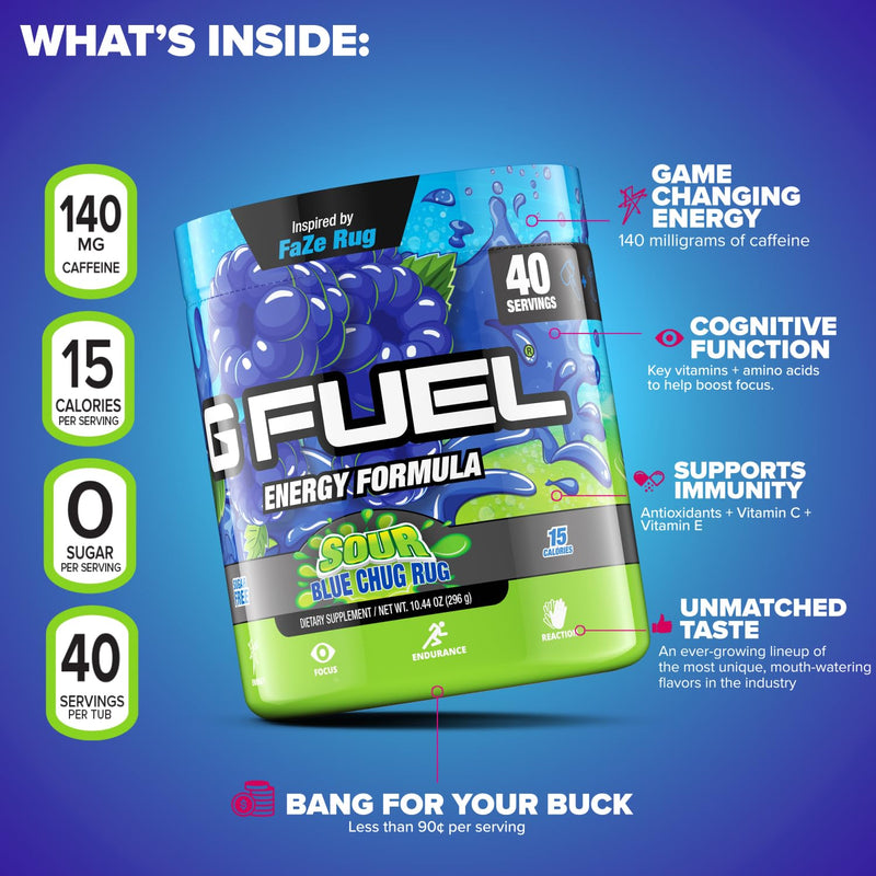 G Fuel Faze Rug Energy Powder, Sugar Free, Clean Caffeine Focus Supplement, Water Mix, Sour Blue Raspberry Flavor, with Focus Amino, Vitamin + Antioxidants Blend - 10.44 oz (40 Servings) - BeesActive Australia