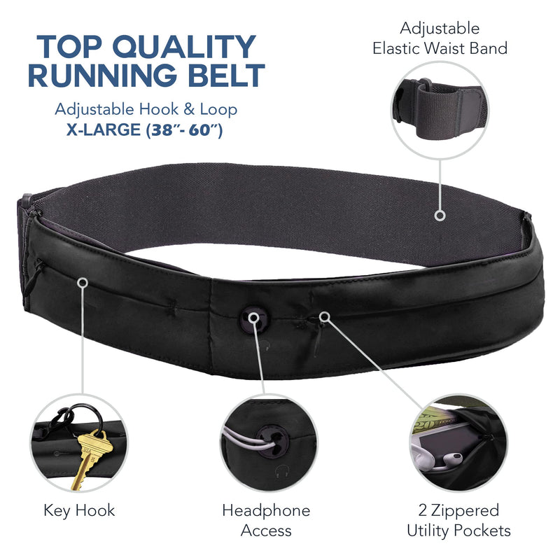 Athlé Running Belt for Exercise and Travel - Two Stretch Pockets Fit Most Phones, Wallet, Cards and More - Key Clip, Earphone Jack, Adjustable Waist Strap Medium - 25" - 32" Black - BeesActive Australia