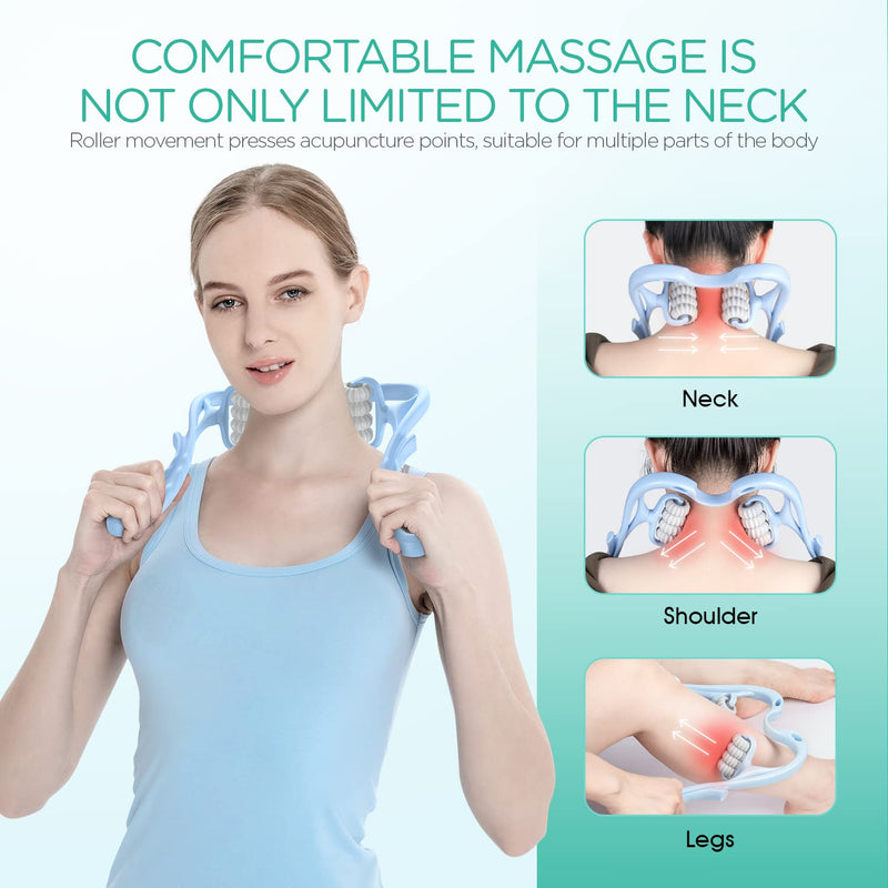 VOYOR Neck Massager Roller, Handheld Neck Massager for Neck Pain Shoulder Legs Muscle Relief, Deep Tissue Shiatsu Massage with 8 Pressure Trigger Point Balls, Lightweight & Portable MS410 (Blue) - BeesActive Australia