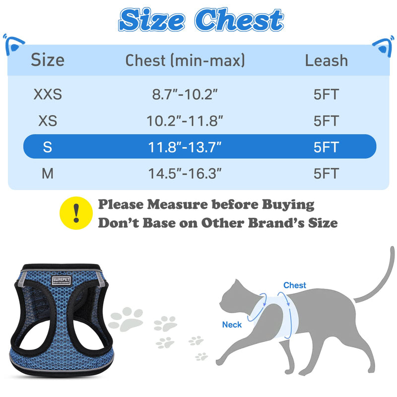 Cat Harness and Leash for Walking Escape Proof, Adjustable Kitten Vest Harness Reflective Soft Mesh Puppy Harness for Outdoor, Comfort Fit, Easy to Control S Blue - BeesActive Australia