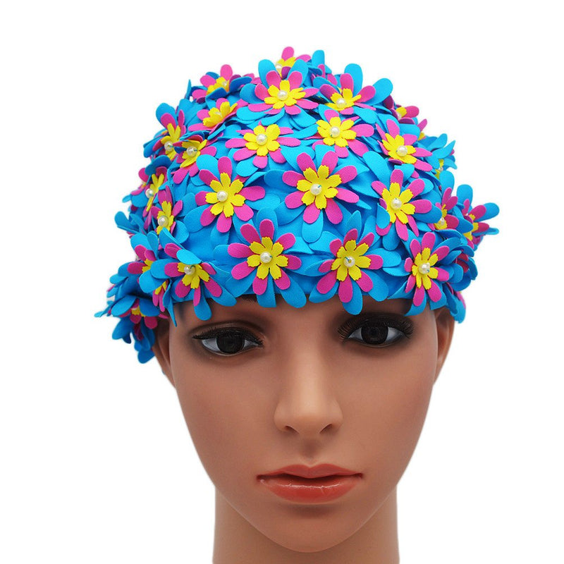 [AUSTRALIA] - Medifier Swim Cap Floral Petal Retro Style Bathing Caps for Women Blue 