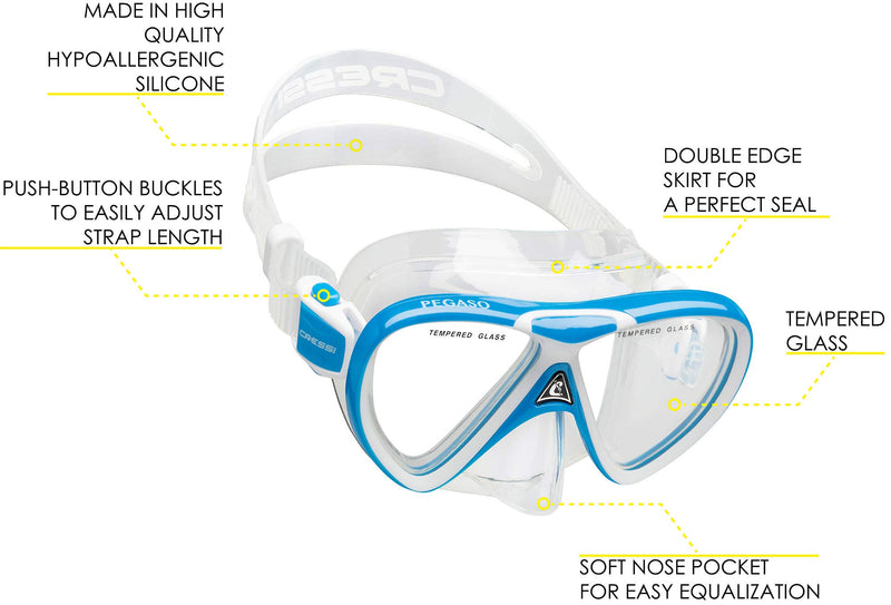 [AUSTRALIA] - Cressi Snorkeling Silicone Set (mask & Dry Snorkel) for Kids Aged 7 to 15 Year Old | Pegaso & Iguana Dry: Designed in Italy Blue/White 