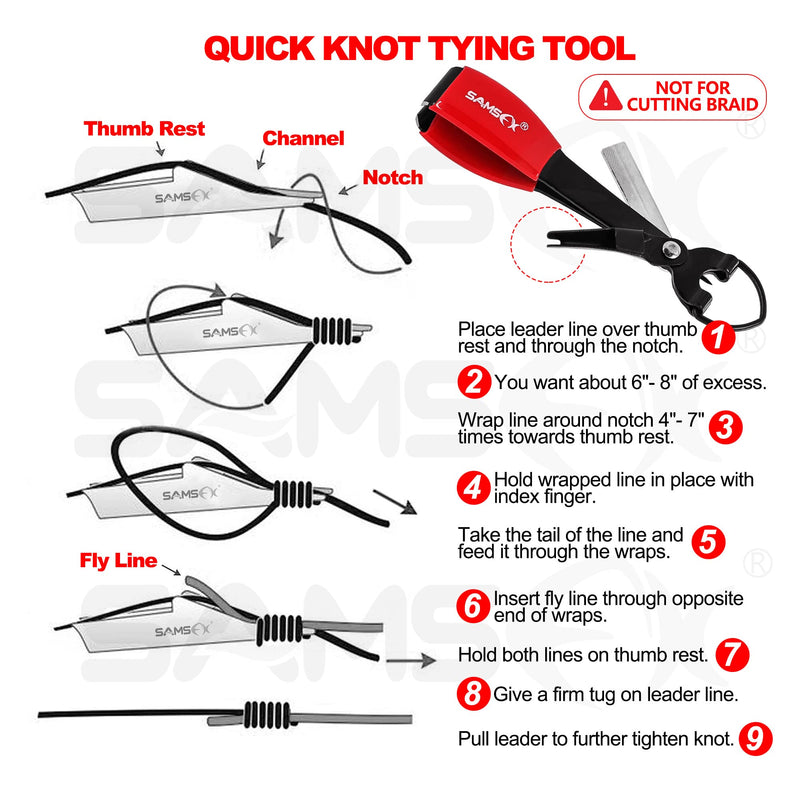 SAMSFX Fly Fishing Knot Tying Tools Quick Knot Tool for Fishing Hooks, Lures, Flies, Trout Line Backing, Come with Zinger Retractors 2sets Black Knot Tool(Red Grip) & Carabiner Zinger - BeesActive Australia