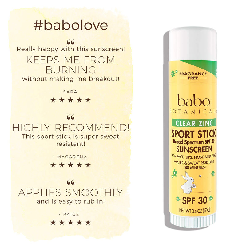 Babo Botanicals Clear Zinc Sport Sunscree Stick SPF 30 with 100% Mineral Active, Unscented, 0.6 Oz, Multi, Fragrence Free, 1 Count - BeesActive Australia