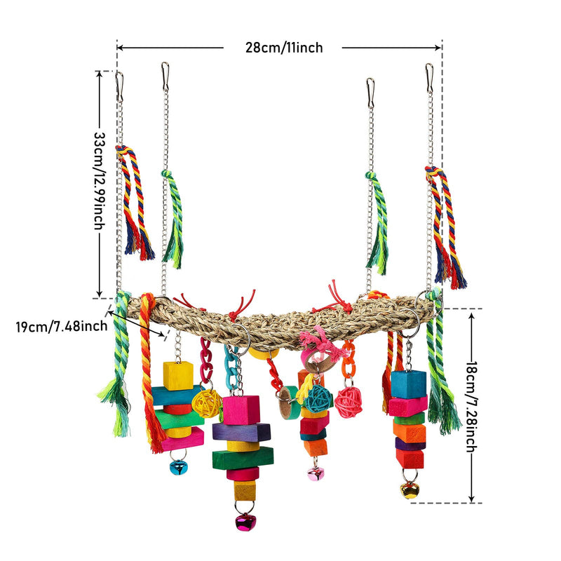 Bird Swing Toys, Bird Foraging Wall Toy, Seagrass Woven Hammock Swing Mat with Colorful Ropes Wooden Chew Toys for Lovebirds, Parakeets, Conures, Cockatiels - BeesActive Australia