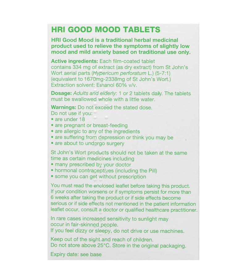 HRI Good Mood St Johns Wort Tablets 334 Milligrams - Strongest Approved Dose on The UK Market - to Relieve The Symptoms of Slightly Low Mood and Mild Anxiety Relief. 60 Tablets 60 Count (Pack of 1) - BeesActive Australia
