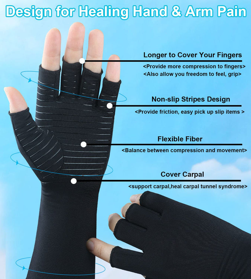 Copper Long Arthritis Gloves,Long Wrist Compression Arm Sleeve Carpal Tunnel Gloves, Fingerless Hand Compression Gloves for Men Women Computer Typing, RSI, Support Hands Wrist &Arms - 1 PAIR (Medium) Medium Black - BeesActive Australia