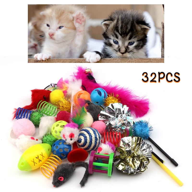 Cat Toys Kitten Toys Assortments, 32 Packs Cat Toys Variety Pack for Kitty, Cat Balls with Bells,Cat Feather Toy, Cat Mouse Toy, Cat Crinkle Balls, Catnip Toys for Indoor Cats Kittens - BeesActive Australia