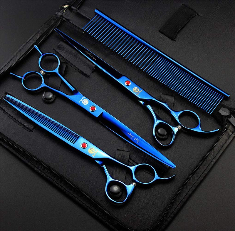 Purple Dragon 8.0" Titanium Multicolor Professional Pet Grooming Scissors Set,Straight & Thinning & Curved Scissors Shear with Bag for Dog Cat Grooming Blue - BeesActive Australia