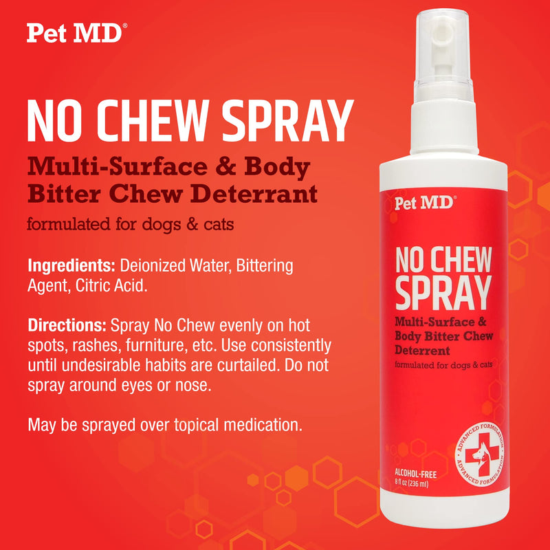 Pet MD No Chew Spray for Dogs & Cats - Multi-Surface Bitter Spray to Stop Biting & Chewing - Dog Deterrent Spray for Carpet, Furniture, Plants, & Skin - Anti Licking Cat Training Spray - 8 oz - BeesActive Australia