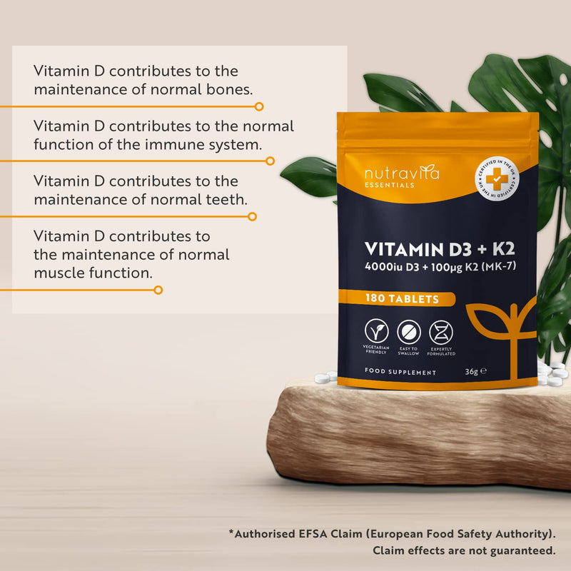 Vitamin D3 4000 iu & Vitamin K2 100?g (MK7) � 180 Vitamin D3 K2 Vegetarian Tablets � 6 Month Supply - High Strength Vitamin D Supplement for Bones, Muscles & Immune System � Nutravita - BeesActive Australia