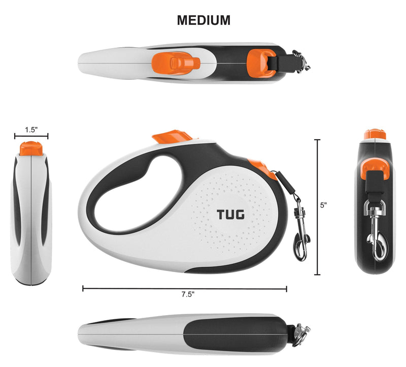 TUG 360° Tangle-Free Retractable Dog Leash with Anti-Slip Handle; Strong Nylon Tape/Ribbon; One-Handed Brake, Pause, Lock Medium White/Orange - BeesActive Australia
