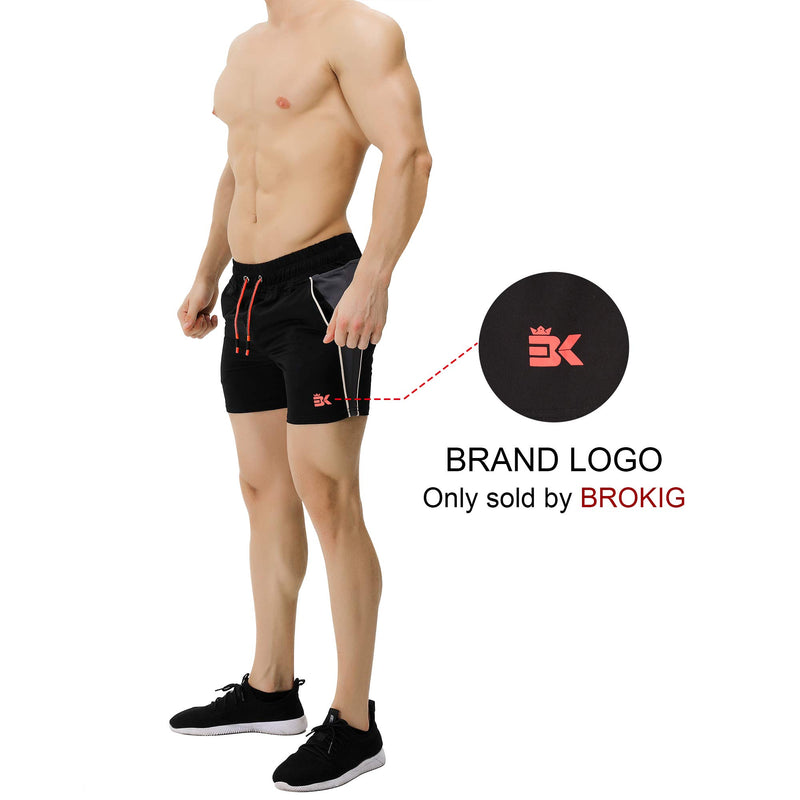 [AUSTRALIA] - BROKIG Men's 5" Gym Bodybuilding Shorts Running Workout Lightweight Shorts Elastic Waistband with Pockets Large Classic Black 