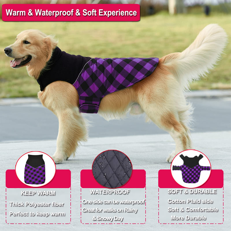 Dog Sweater Winter Coat Cold Vest Pet Warm Cotton Clothes Puppy Jacket Doggies, Reversible Waterproof Windproof British Style Plaid for Small Medium Large Dogs M(Chest Girth:16.1-20.1") Purple - BeesActive Australia