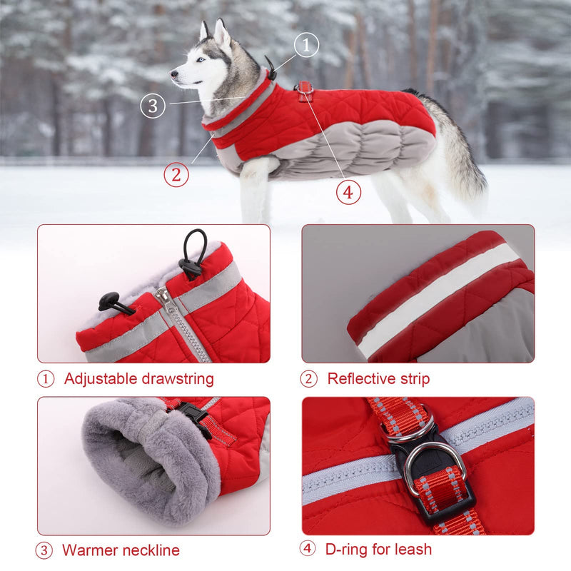 Lelepet Warm Dog Winter Coat Cold Weather Jacket Windproof Reflective Turtleneck Dog Vest with Plush Neckline D-Ring for Leash Thick Fleece Lining Dog Jacket Pet Apparel for Small Medium Large Dogs Red - BeesActive Australia