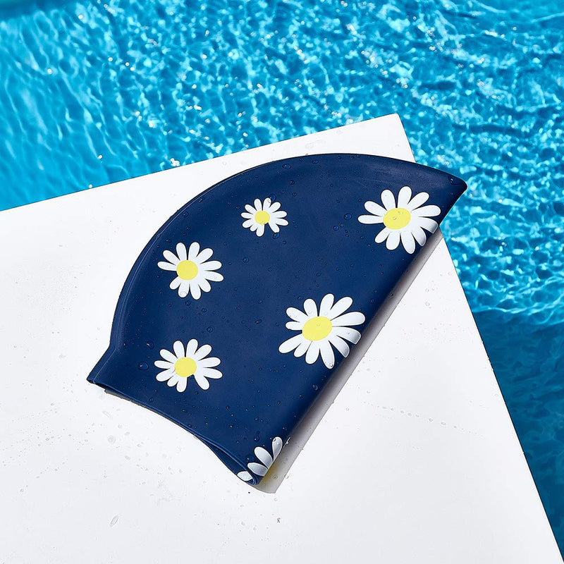 Marsolly Silicone Swim Cap for Women, Waterproof Long Hair Swimming Caps with Flower Printed Navy - BeesActive Australia