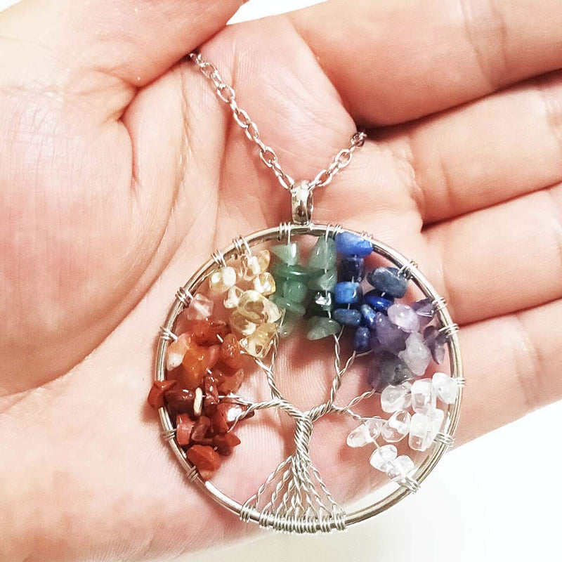 Tree of life Pendant Necklace Crystal Quartz Healing Stone 7 Chakra Chain Gemstone Wire Wrapped Tree Jewelry for Women Girls Men (Circle) Circle - BeesActive Australia