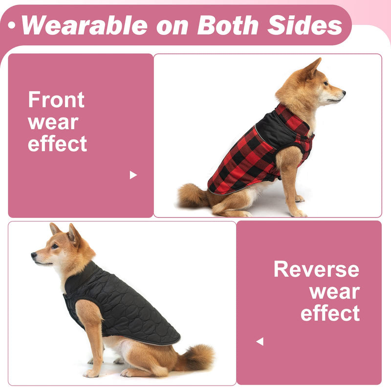 BEAUTYZOO Warm Dog Jacket Reversible British Style Plaid Dog Vest Windproof Winter Dog Coat Fleece Lining Dog Apparel Dog Jacket for Small Medium Large Dogs Medium (Pack of 1) Red - BeesActive Australia