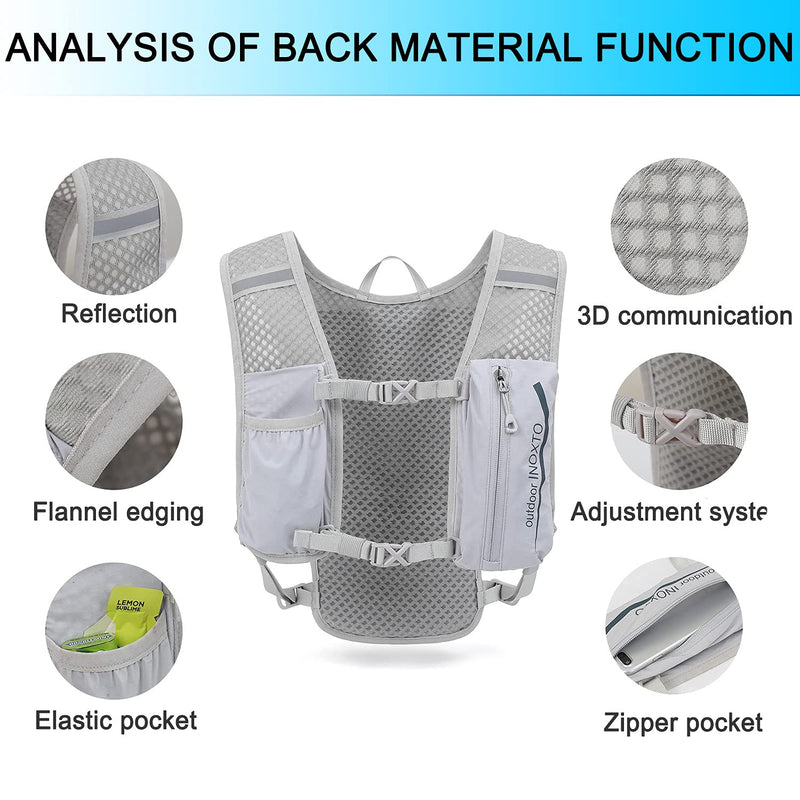 INOXTO Running Hydration Vest Backpack,Lightweight Water Running Vest with 1.5L Water Bladder Bag Daypack for Hiking Trail Running Cycling Race Marathon for Women Men Kids Light gray - BeesActive Australia