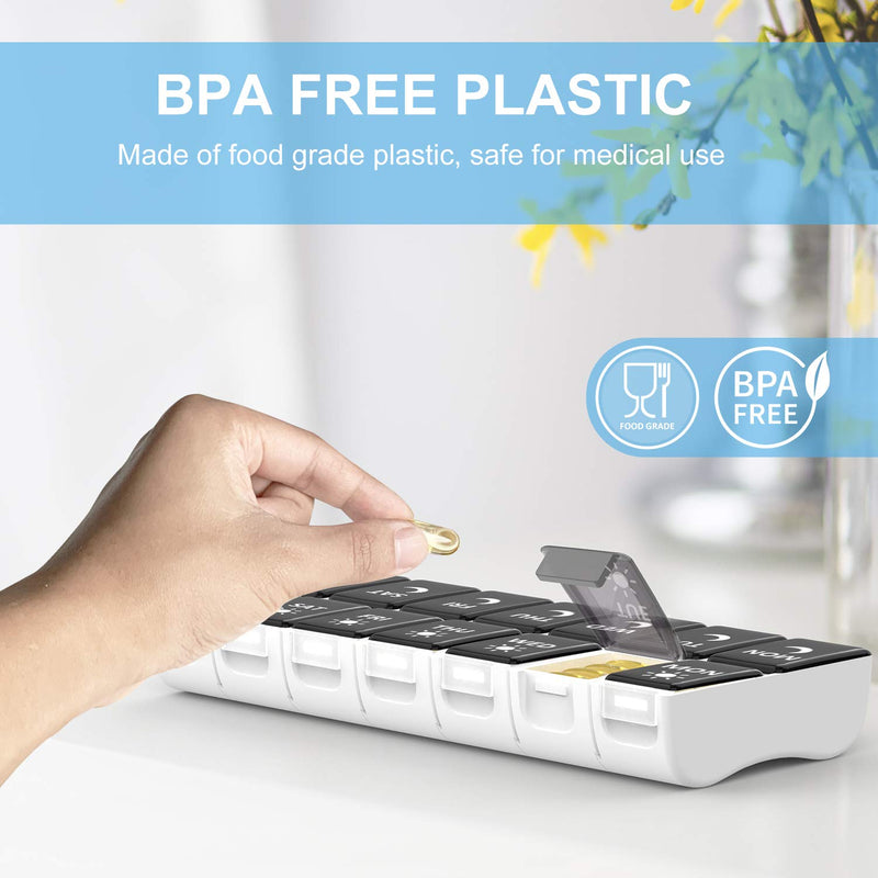 Pill Box Organiser 2 Times a Day, Pill Boxes 7 Day Twice a Day, Small Weekly Pill Box Case with 14 Compartments, Black (001) - BeesActive Australia