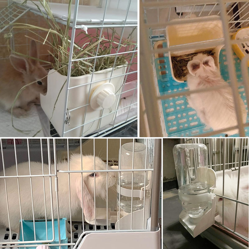 HERCOCCI Rabbit Hay Food Bin Feeder and Bunny Water Bottle Set, Hay Food Feeder Bowls Manger Rack with 500ml Hanging Water Dispenser Prevent Knock Over for Rabbit Guinea Pig Chinchilla Large WHITE - BeesActive Australia