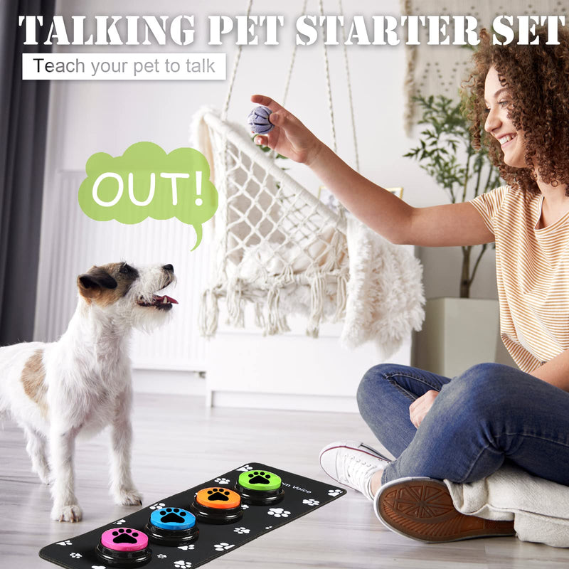 Talking Dog Buttons Set Include 4 Recordable Dog Buttons, Talking Buttons for Dog Communication, 1 Dog Button Mat (4 Button Placements), 50 Pairs Self Adhesive Dots, 8 Dog Paw Stickers for Dog Buttons - BeesActive Australia