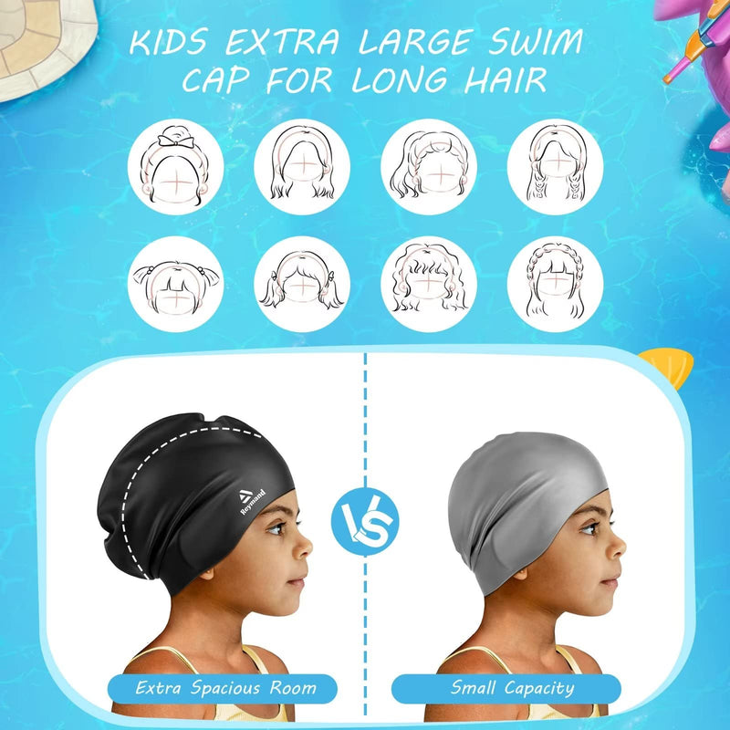 2 Pack Kids Extra Large Swim Cap for Long Thick Hair, Waterproof Silicone Swimming Cap for Toddler Child Youth Girls Boys, Durable Swim Hats Bathing Caps for Braids, Dreadlocks, Extensions, Afros Black+Purple - BeesActive Australia