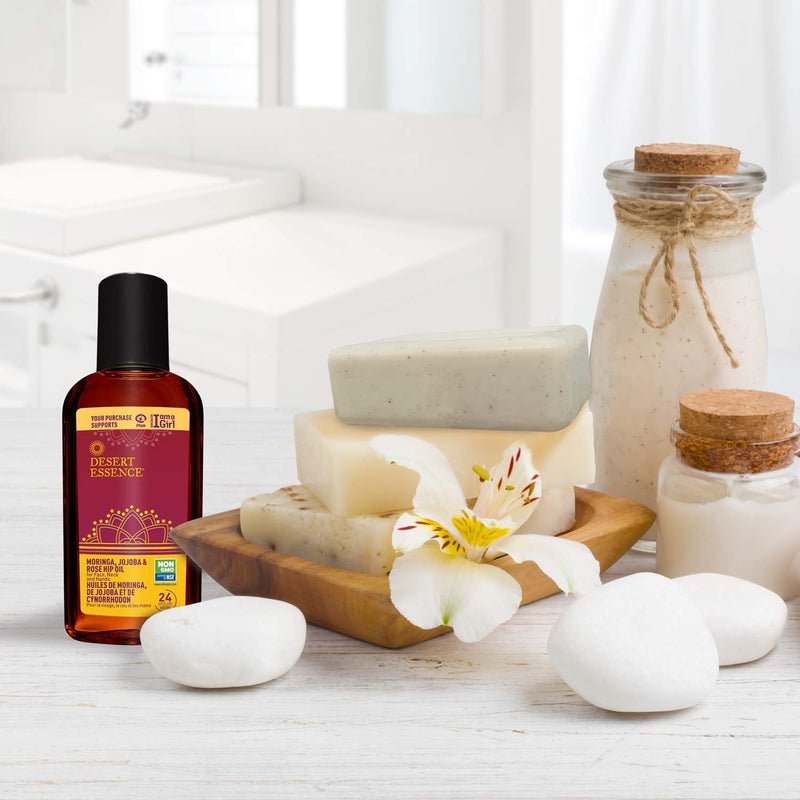 Desert Essence Moringa, Jojoba and Rosehip Oil - 2 Fl Oz - Enhances Skin Texture & Glow - Skin Restoration - May Help Stretch Marks - For Face, Neck, Hands - Vitamins A, B, C, E with Antioxidants - BeesActive Australia