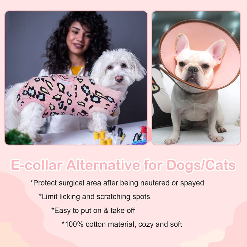 Kuoser Surgical Recovery Suit for Dogs Cats, Pet Leopard Printed Recovery Shirt After Surgery for Abdominal Wounds, Cone E-Collar Alternative Spay Bandages Onesie, Dog Anti Licking Snugly Suit Small (Back: 11.4" - 13.4"; Weight: 7 - 15LB) Pink - BeesActive Australia