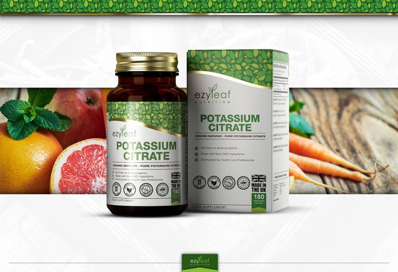 Ezyleaf Potassium Citrate | 180 High Strength Potassium Capsules - 1000mg Potassium Citrate per Serving | Potassium Supplements | Clean, No Fillers Formula | Vegan, Non-GMO Gluten & Allergen Free | UK - BeesActive Australia