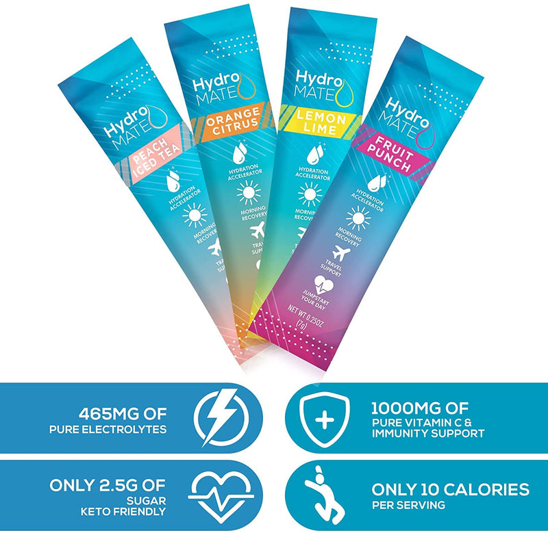 NatureWorks HydroMATE Electrolytes Powder Drink Mix Packets Hydration Accelerator Low Sugar Rapid Party Recovery Plus Vitamin C Variety Pack 30 Count 30 Count (Pack of 1) - BeesActive Australia