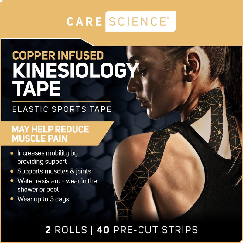 Care Science Waterproof Kinesiology Tape, 40 ct Precut Strips (2 Rolls), Copper Infused | Water Resistant Strips, Elastic Athletic Tape for Sports & Weightlifting, Muscle Strain Relief & Joint Support - BeesActive Australia
