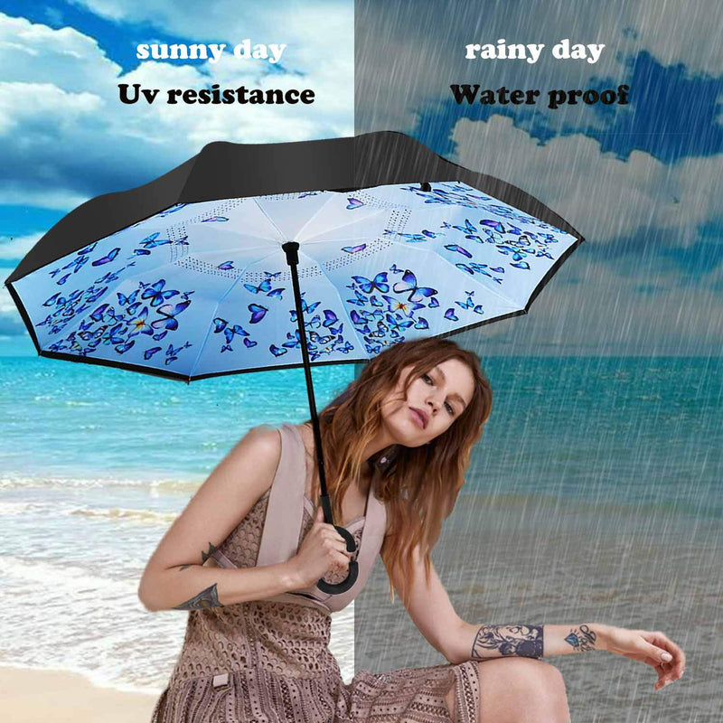 MRTLLOA Double Layer Inverted Umbrella with C-Shaped Handle, Anti-UV Waterproof Windproof Straight Umbrella for Car Rain Outdoor Use (N-Orchid Butterfly) N-Art Butterfly - BeesActive Australia